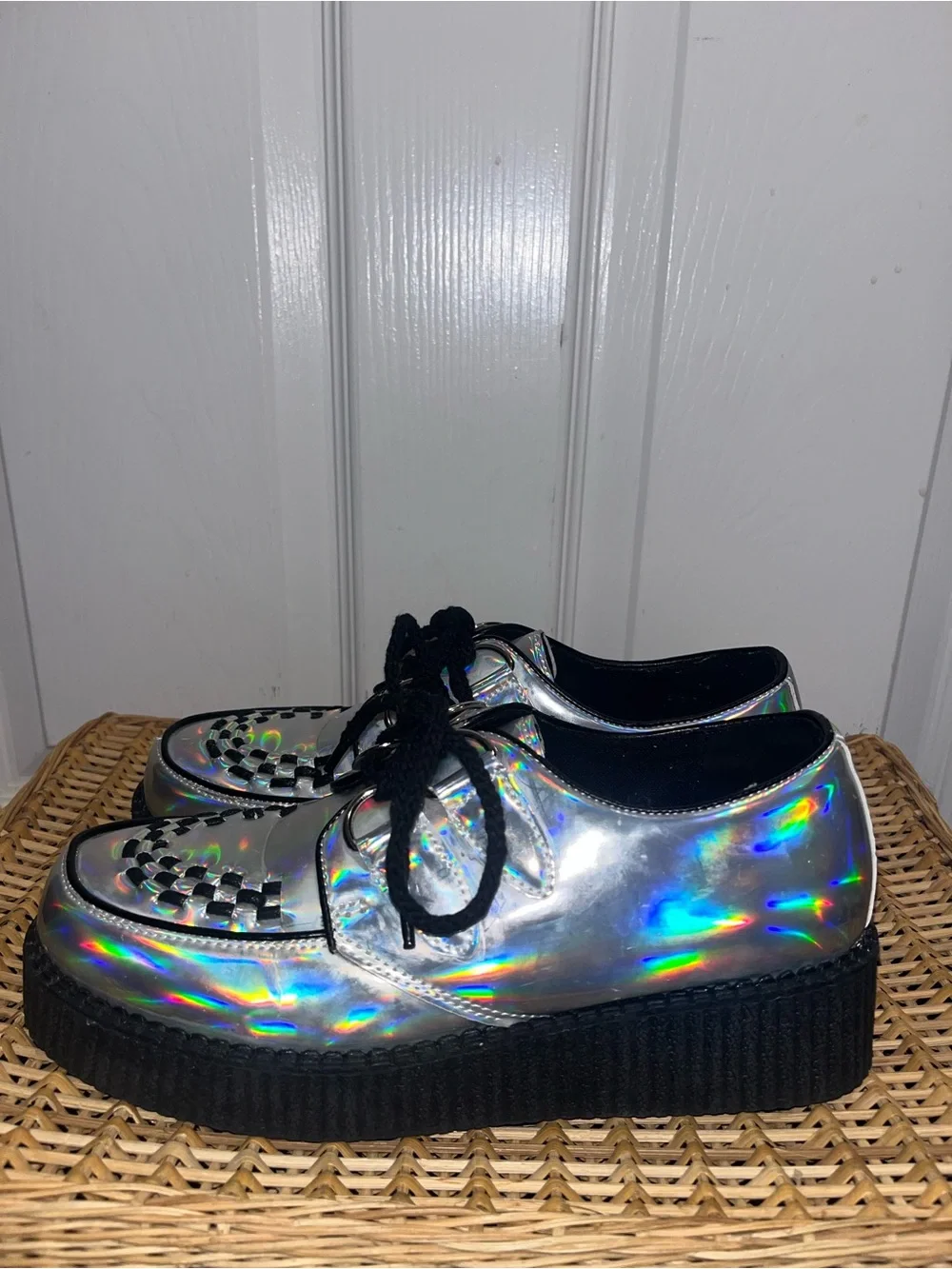 Holographic silver iridescent faux patent creepers